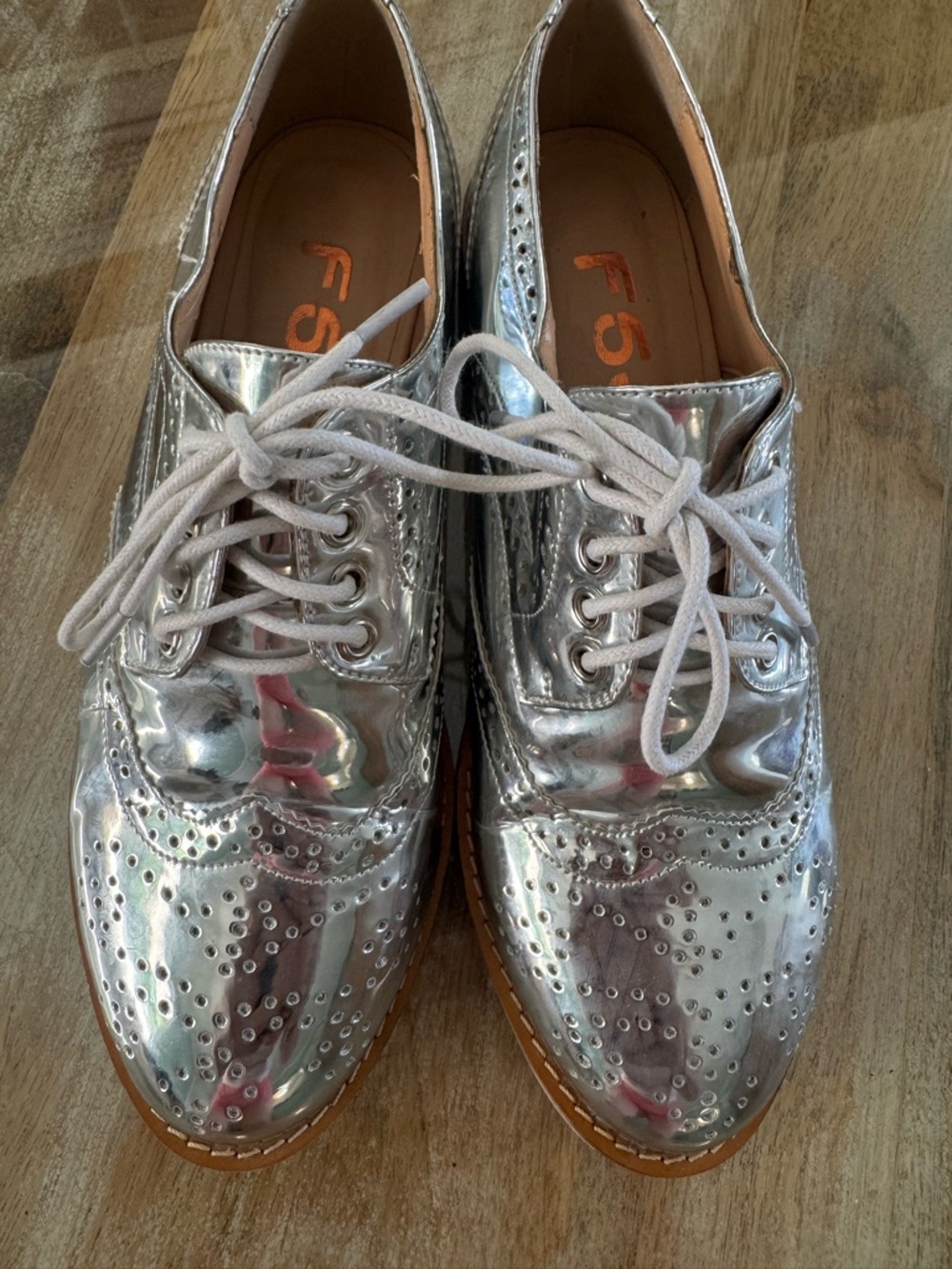 FSJ Silver Metallic Brogue Lace-Up Flats